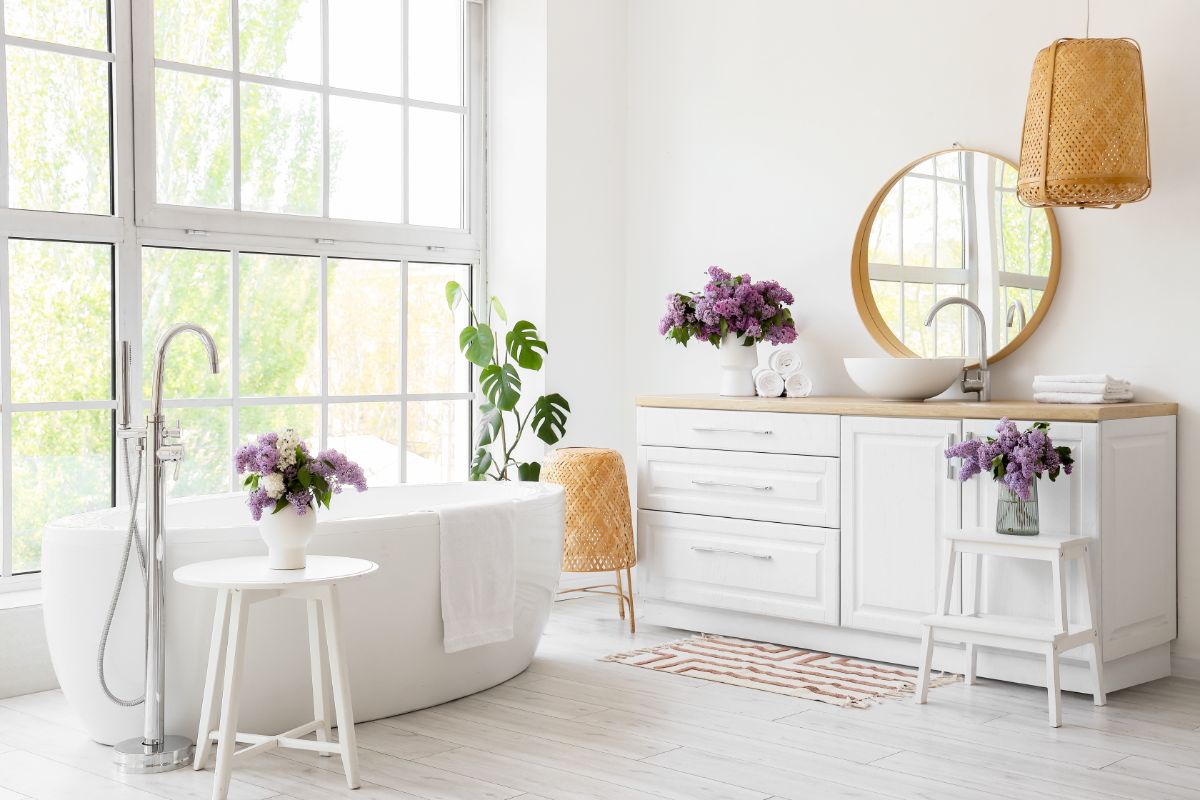 Biela kúpeľňa s voľne stojacou vaňou, bielym nábytkom, okrúhlym zrkadlom a kyticami fialového orgovánu.