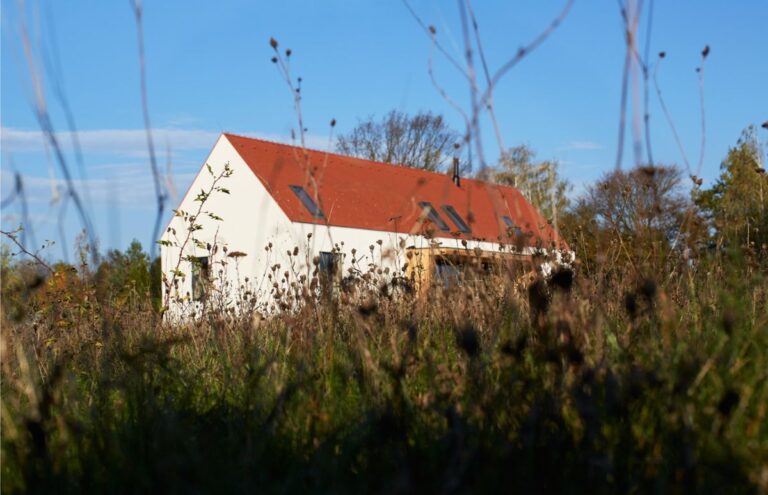 Biely vidiecky dom s tradičnou červenou škridlou a modernými strešnými oknami za divokou lúčnou vegetáciou.