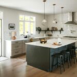 Kuchyňa s dolnými skrinkami, otvorenými policami a masívnym kuchynským ostrovom.