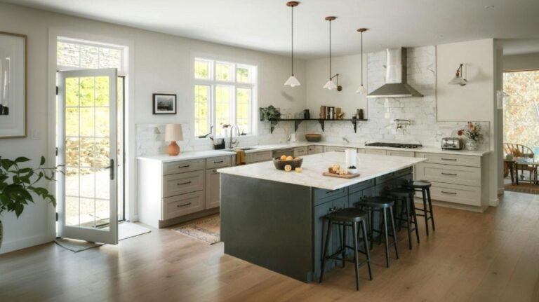 Kuchyňa s dolnými skrinkami, otvorenými policami a masívnym kuchynským ostrovom.