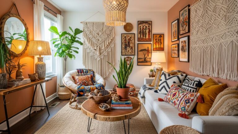 Obývacia izba so sedačkami, dreveným stolíkom a doplnkami inšpirovanými boho a africkým dizajnom.