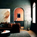 Tmavozelená miestnosť s oblúkovým priechodom a sedačkou v hrdzavej farbe.