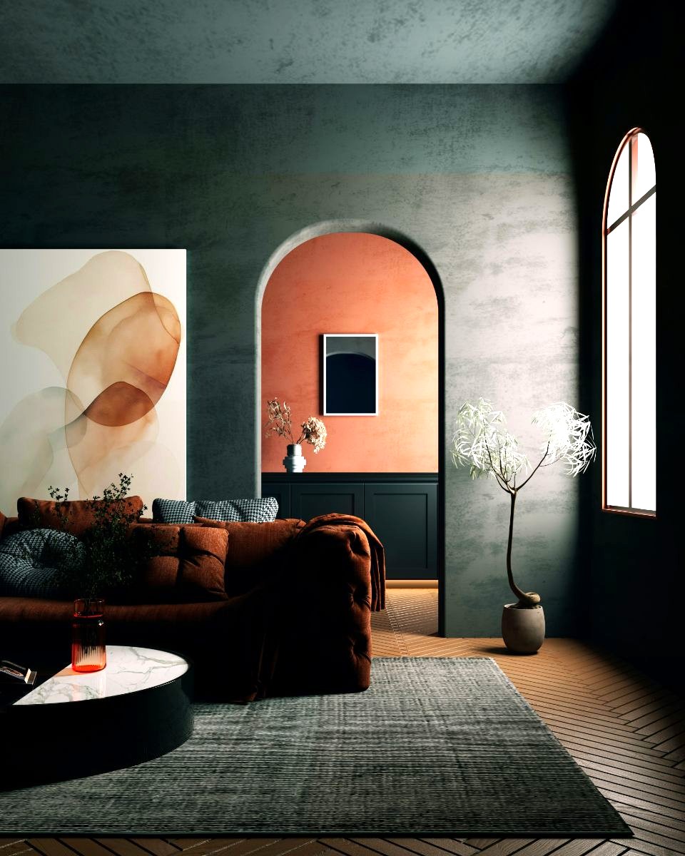 Tmavozelená miestnosť s oblúkovým priechodom a sedačkou v hrdzavej farbe.