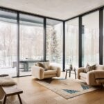 Svetlé krémové kreslá, drevená podlaha a veľkoformátové okná s výhľadom na zasnežené stromy v modernom interiéri.