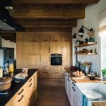 Kuchyňa s drevenou doskou, bielym keramickým drezom a čiernou batériou pred oknom.