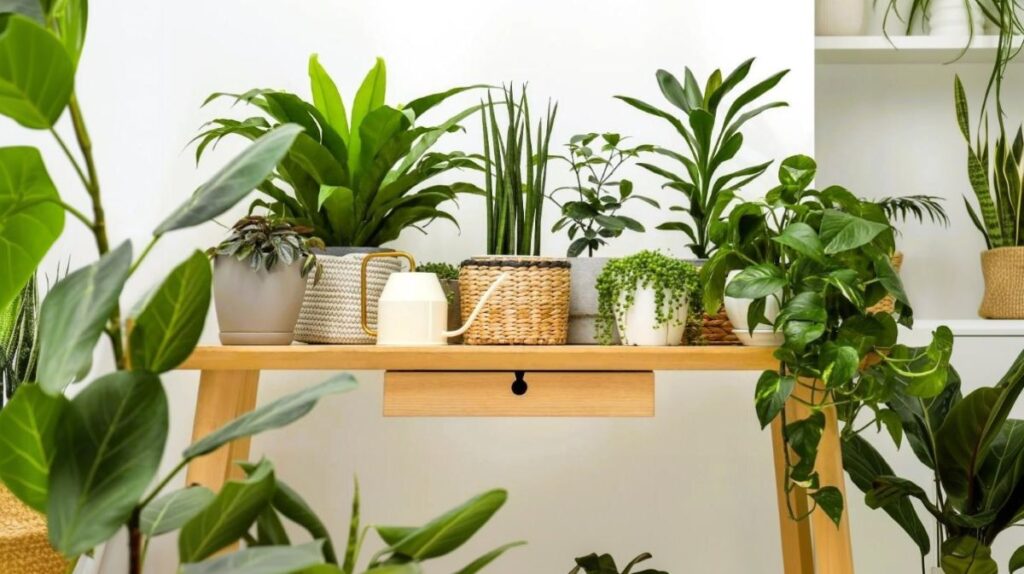 Izbové rastliny na drevenej poličke.