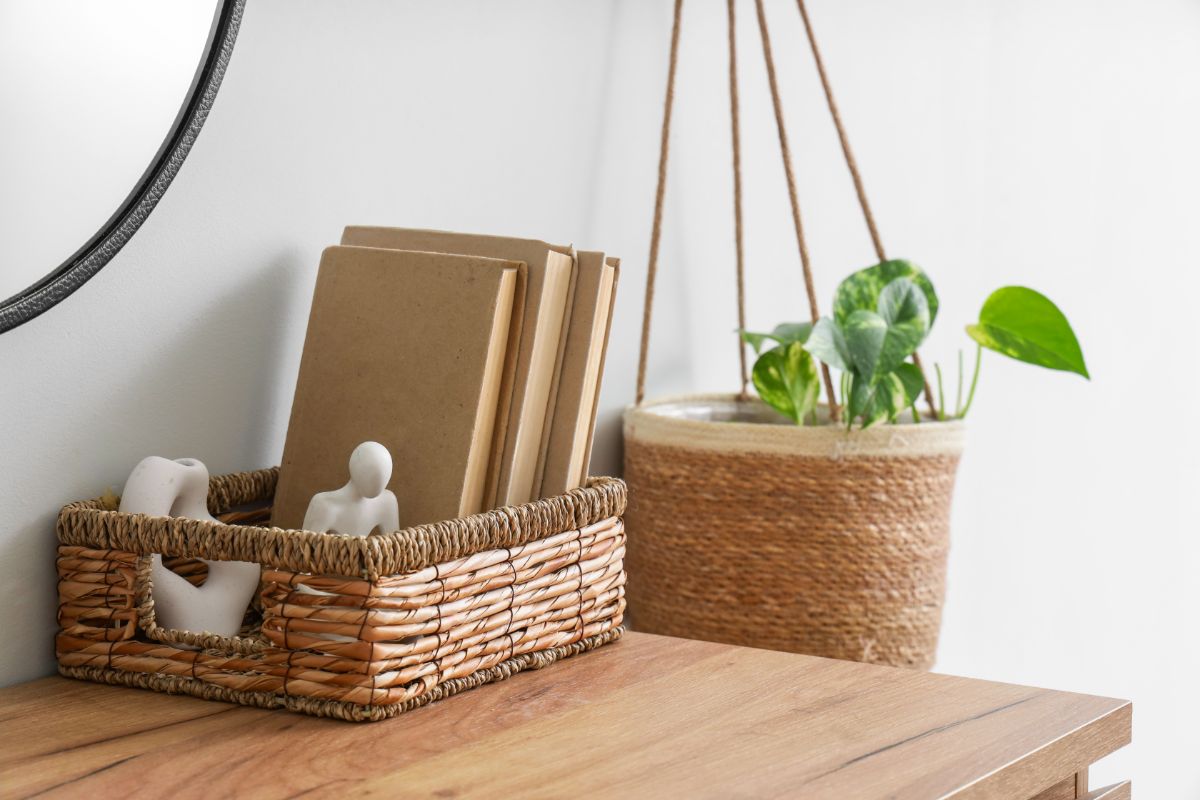 Prútený košík s béžovými knihami a visiaci kvetináč so zelenou rastlinou na drevenom povrchu.