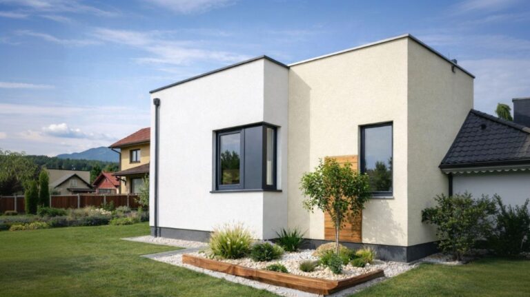 Moderný rodinný dom s rovnou strechou a upraveným záhonom.
