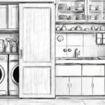 Čierno-biely nákres kuchyne.