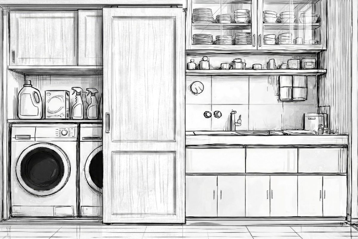 Čierno-biely nákres kuchyne.