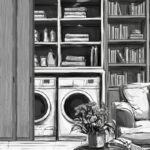 Nákres obývacej izby so sušičkou a práčkou za posuvnými dverami.