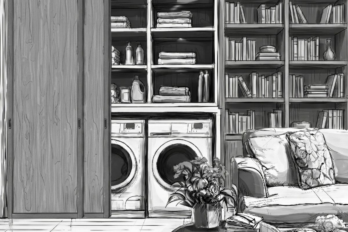 Nákres obývacej izby so sušičkou a práčkou za posuvnými dverami.