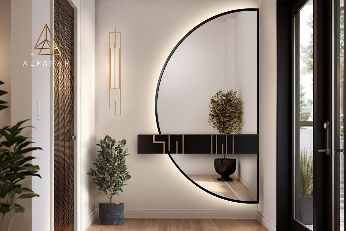 Polkruhove zrkadlo v dvoch častiach v ráme s podsvietením Doppio v ráme LED.