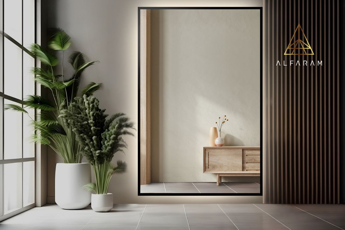 Zrkadlo v čiernom ráme s podsvietením.