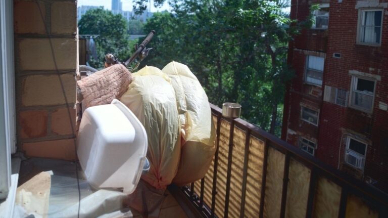 Balkón s vaničkou, kobercom, bicyklom a pneumatikami v igelite.