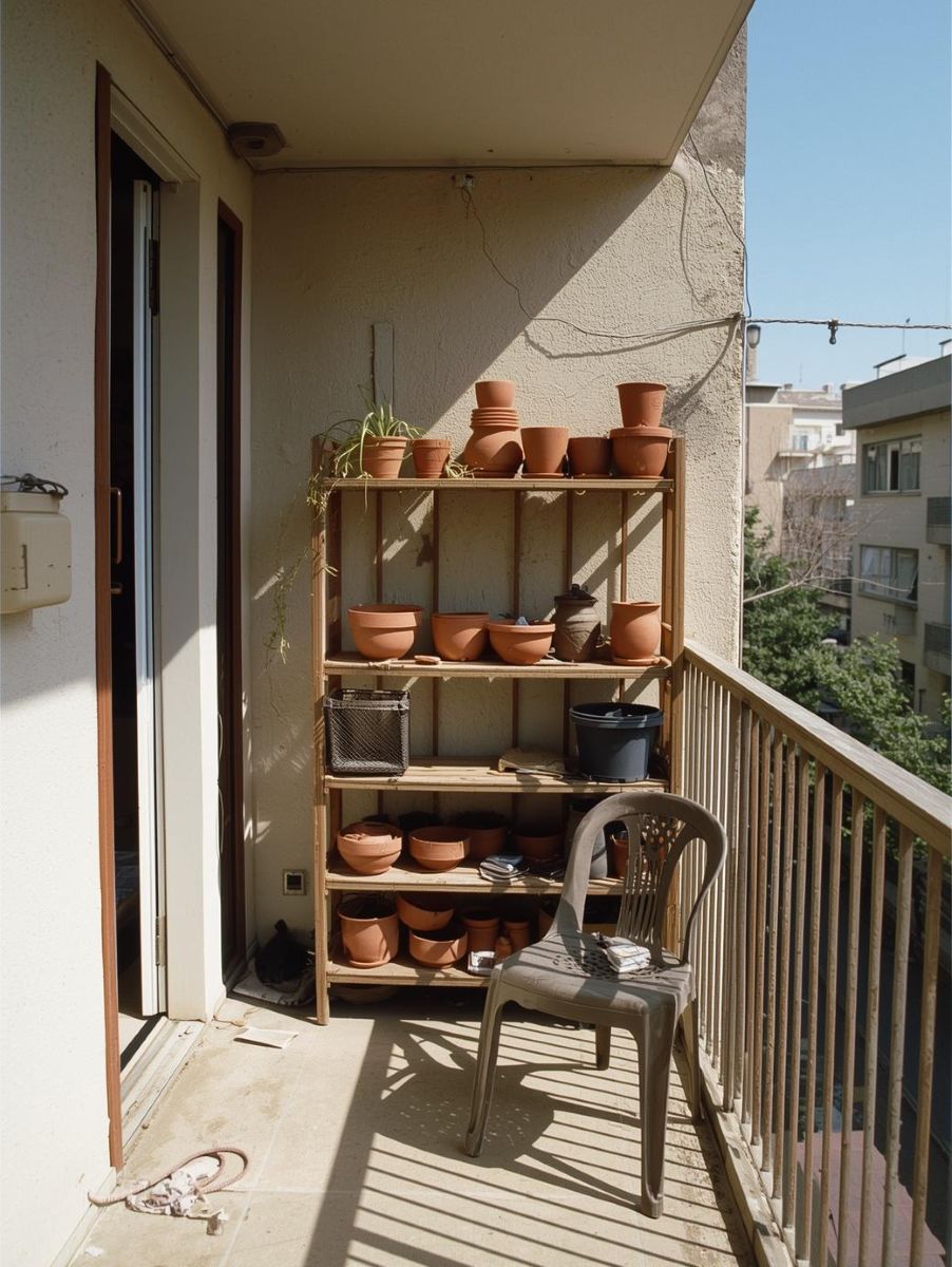 Drevený regál s prázdnymi kvetináčmi a plastovou stoličkou na balkóne.
