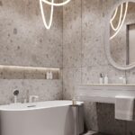 Veľkoformátová kúpeľňa s veľkoformátovým terazzo obkladom..