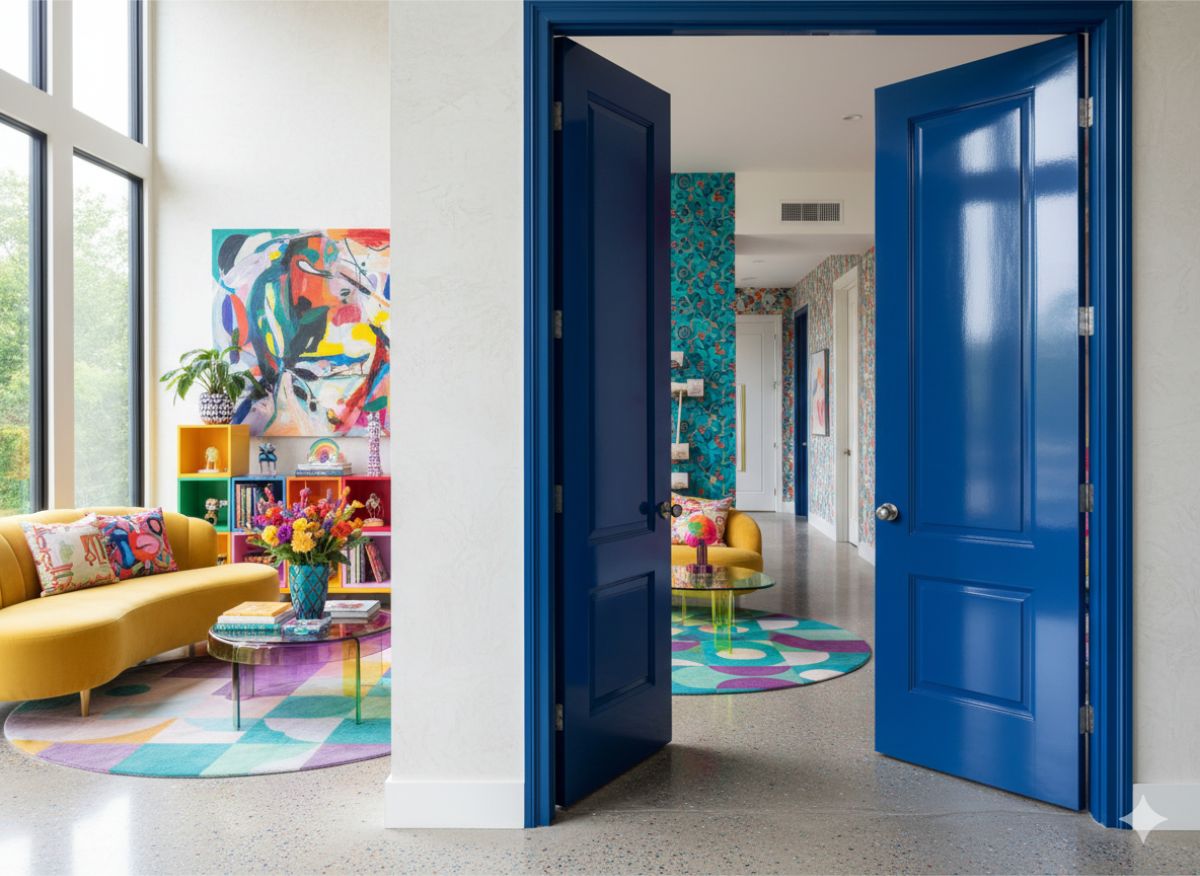 Miestnosť s lesklými modrými dverami, farebným zariadením v pozadí.