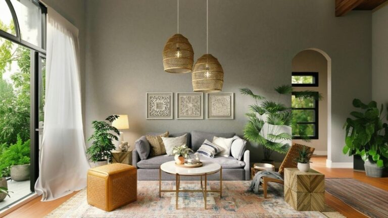 Interiér so sivou sedačkou, taburetmi, vzorovaným kobercom a stenou v sivozelenej farbe,