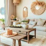 Svetlá krémová pohovka, rustikálny drevený stôl, slamené nástenné ozdoby a stredomorský dovolenkový dizajn.