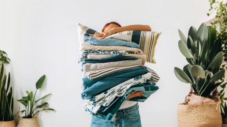 Žena držiaca kopu posteľných obliečok v náručí.