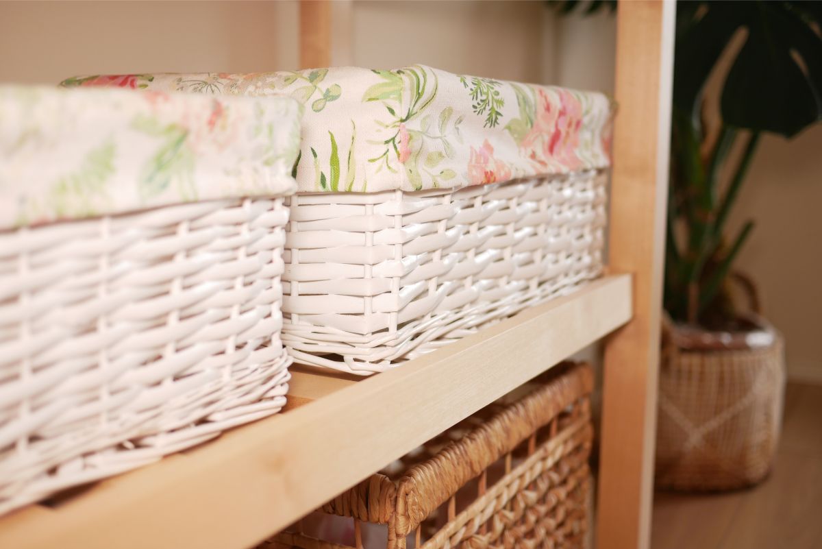 Biele prútené košíky vystlané svetlou látkou s ružovým kvetinovým vzorom na drevenej polici.