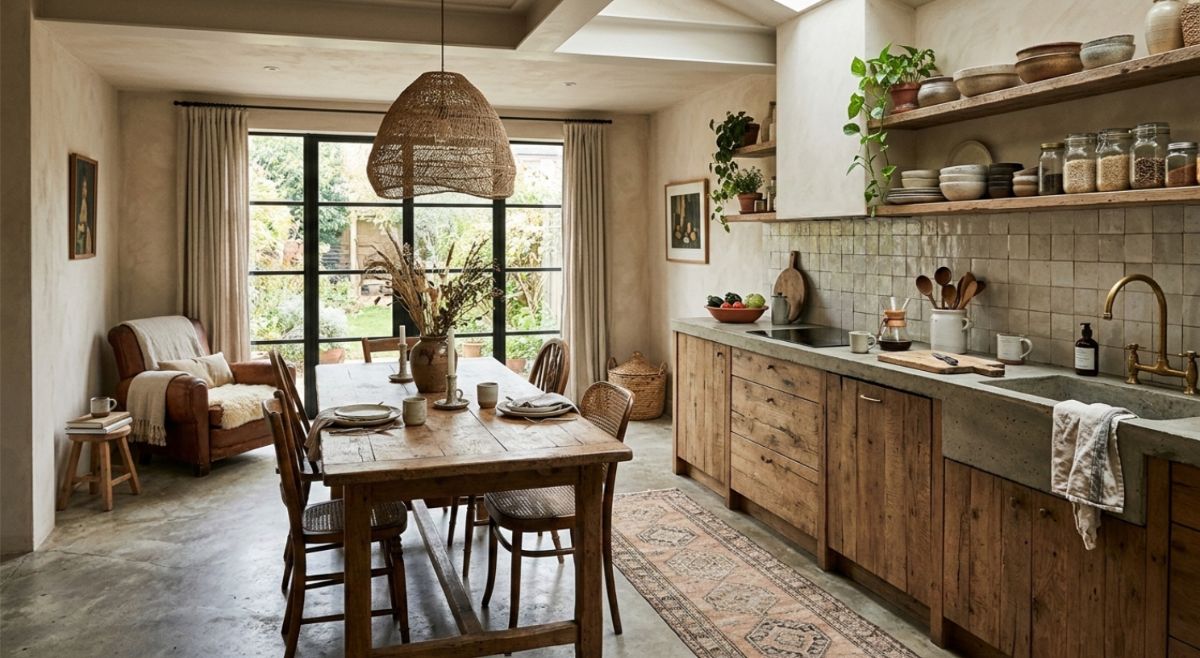 Rustikálna kuchyňa s drevenou linkou, masívnym jedálenským stolom, betónovým drezom a prúteným lustrom v štýle wabi sabi.
