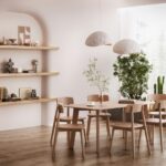 Moderná jedáleň so svetlým dreveným nábytkom, oblúkovým výklenkom v stene a kamennými závesnými svietidlami.