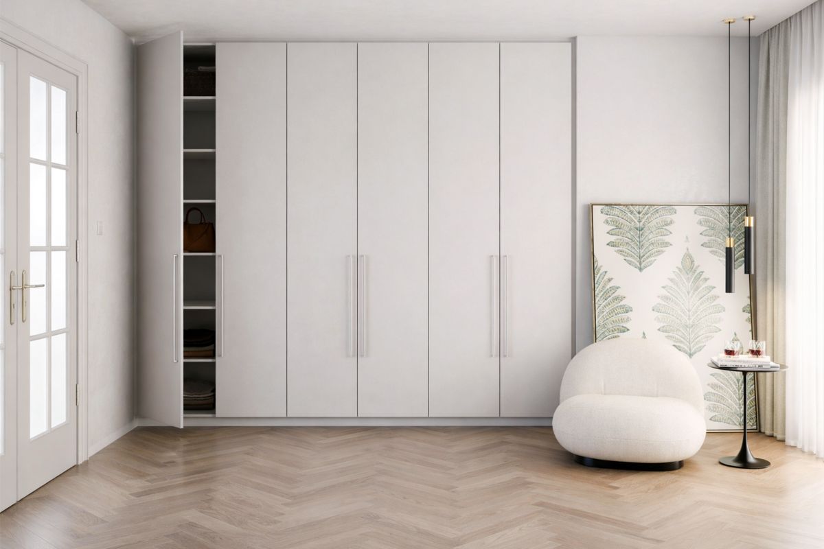 Veľká biela šatníková skriňa s otvorenými policami, v ktorej sú uložené oblečenie, topánky a doplnky, v spálni s bielymi stenami.