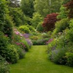 Záhradné záhony s kvetmi, stromami a trávnatým chodníkom.