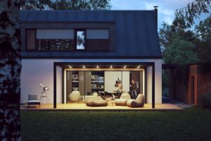 Pergola na terase pred veľkoformátovým presklením s výhľadom na modernú obývačky.