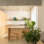 Kuchyňa s minimalistickou drevenou linkou, nerezovou pracovnou doskou, izbovými rastlinami a betónovým stropom.