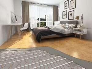 Podlahové vykurovanie  Ecofloor v spálni s pracovňou.