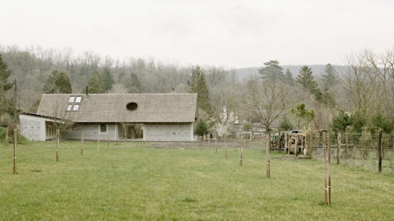 Moderný rodinný dom so sivou kamennou fasádou, tradičnou drevenou strechou a rozľahlou trávnatou lúkou.