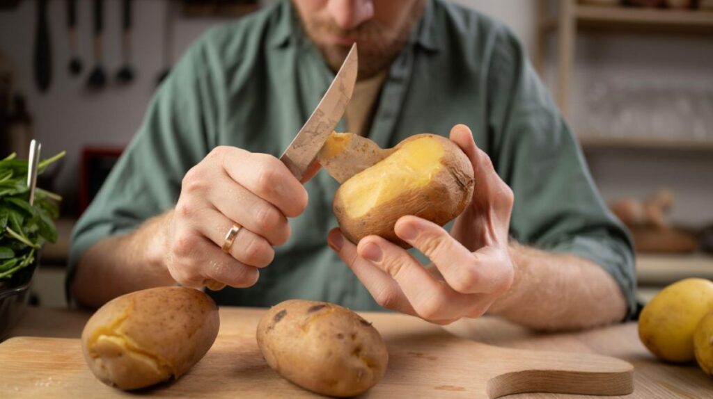 Detail na muža lúpajúceho uvarený zemiak.