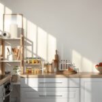 Kuchyňa so sporákom, pri otvorenom regáli s pomôckami a koreničkami na pracovnej doske.