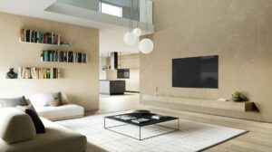 Moderná obývačka s veľko.mátovým obkladom na stene-.