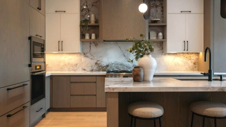 Moderná kuchyňa s drevenými a bielymi skrinkami a mramorovou zástenou i pracovnou doskou.