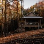 Moderný drevený dom s plechovou strechou, priestrannou terasou a presklenou fasádou v jesennom listnatom lese.