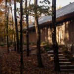 Fasáda domu s vertikálnym dreveným obkladom, kamennými schodmi a sivou plechovou krytinou medzi vysokými stromami.