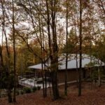 Chata s kovovou strechou, presklenou stenou a terasovým sedením v lese.