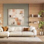 Krémová rohová sedačka, svetlé drevené knižnice a veľký béžový obraz v modernej obývacej izbe.