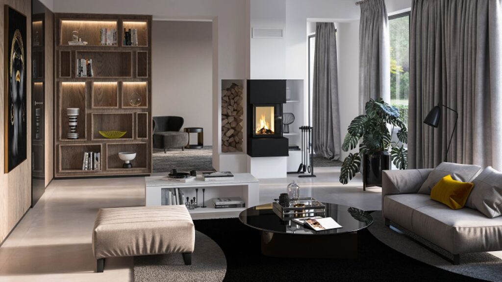 Moderná obývacia izba s podsvietenou policovou zostavou, vybavením v sivej farbe a moderným kozubom Kingfire Grande.