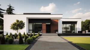 Moderný rodinný dom s rovnou strechou a upraveným dvorom s dláždeným chodníkom.