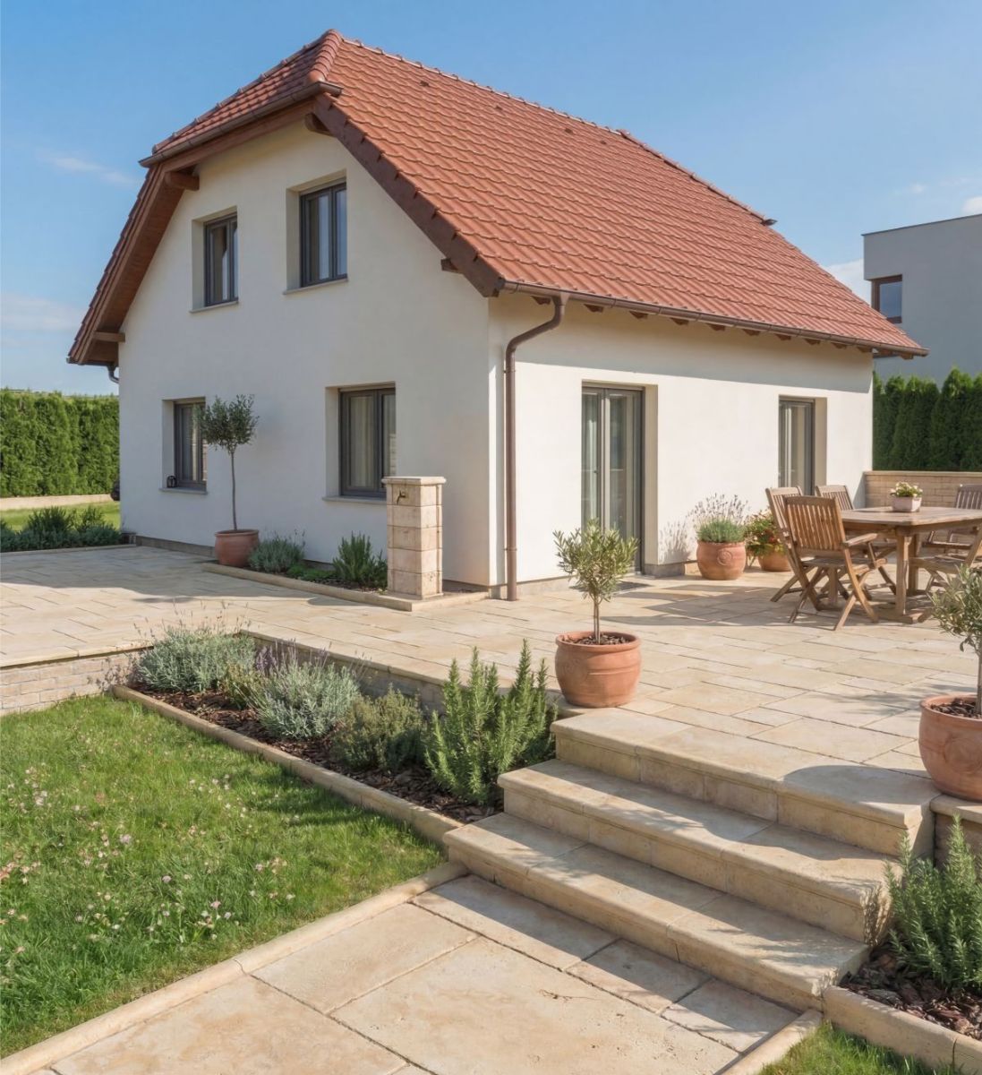 Ucelený exteriér v jednotnom štýle môžete vyskladať s produktovou rodinou Bradstone Travero.