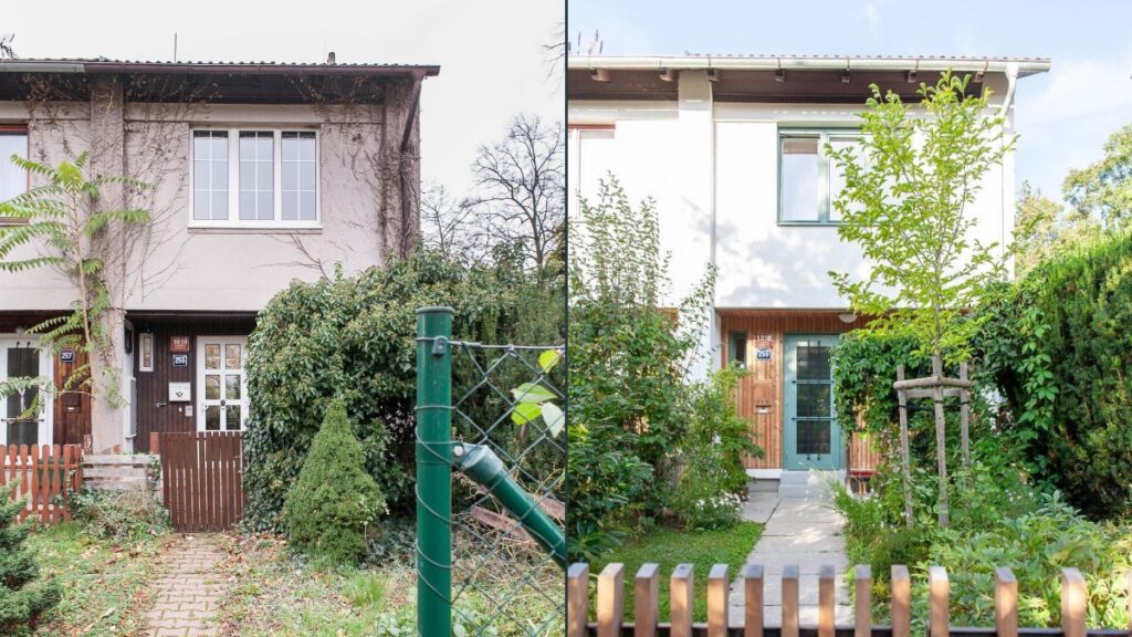 Exteriér radového domu spredu pred rekonštrukciou a po nej.