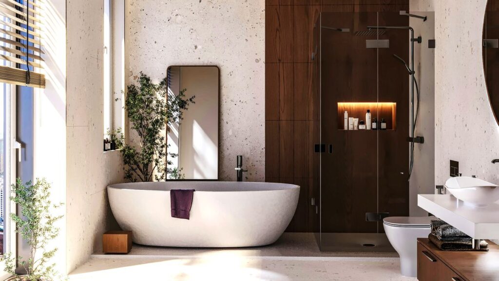 Kúpeľňa so samostatne stojacou vaňou, terrazzo a dreveným obkladom na stene, walk-in sprchovým kútom a podsvietenou nikou.