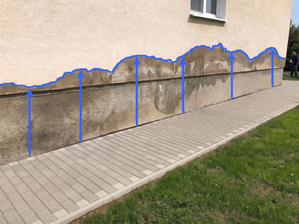 Kapilárne vzlínanie na murive starého rodinného domu.