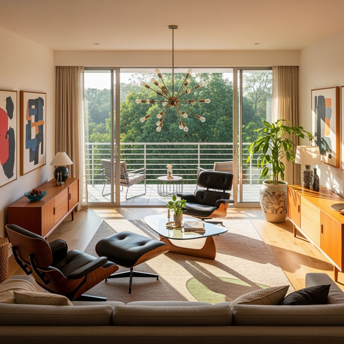 Obývačka v štýle mid-century modern s veľkými presklenými dverami na balkón.