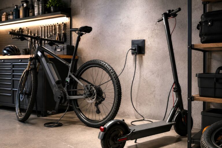 Elektrobicykel pri nabíjaní v garáži cez zásuvku Zoni.